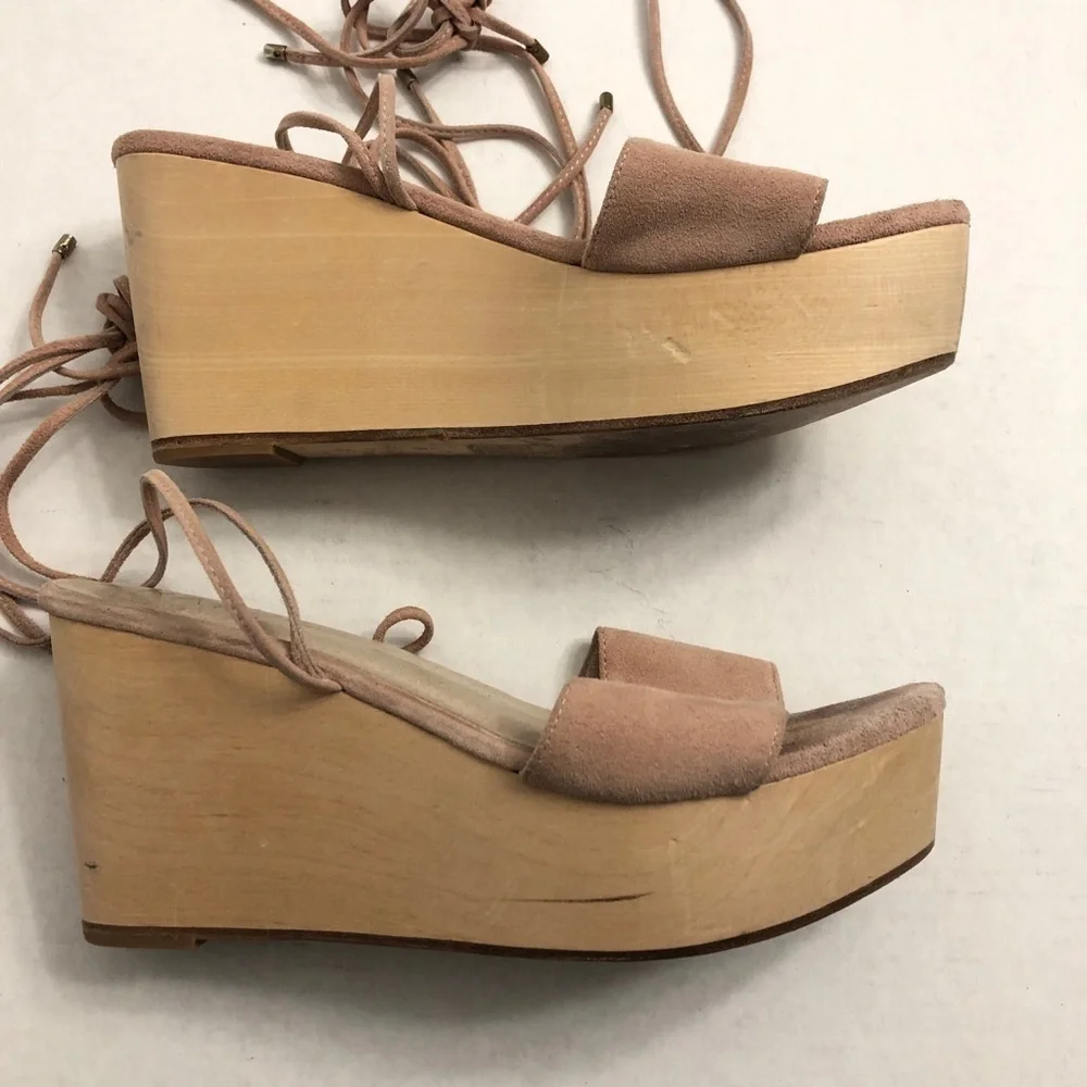 Raye Finley Ankle Tie Wedge Sandal in Ballet Pink Suede